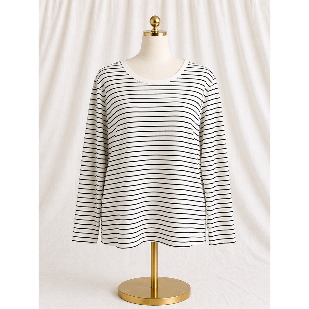 J. Jill Luxe Long Sleeve Pima Crew Neck Tee White Black Striped Pima‎ Cotton XL